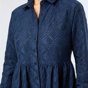 Onia Air Linen Maxi Shirtdress in Deep Navy Blue Shell Embroidery